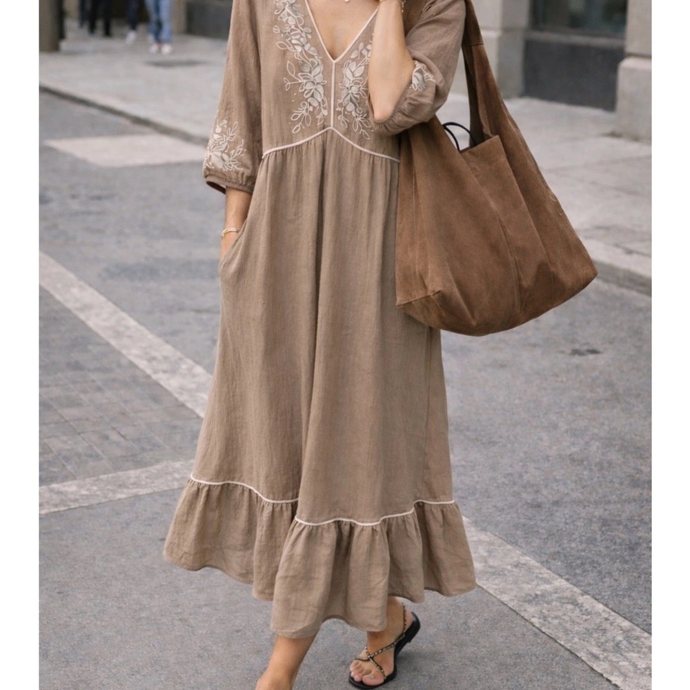 Fig & Flower M Embroidered Midi Dress Anthropology NWT Beige Boho NO POCKETS